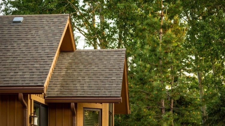 Close-up of a home’s roofline showing new shingles and brown gutters beneath the eaves.