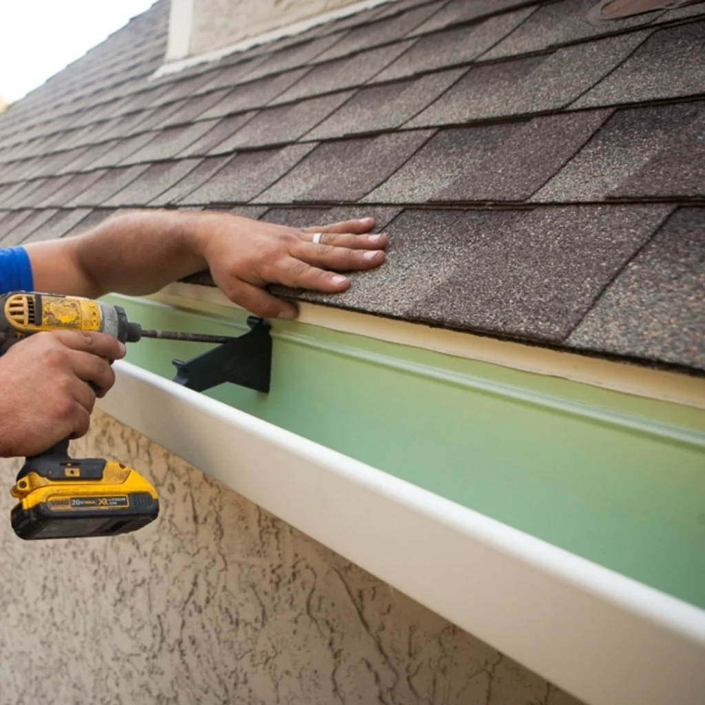 Technician installing a K-Guard gutter system along a home roofline.
